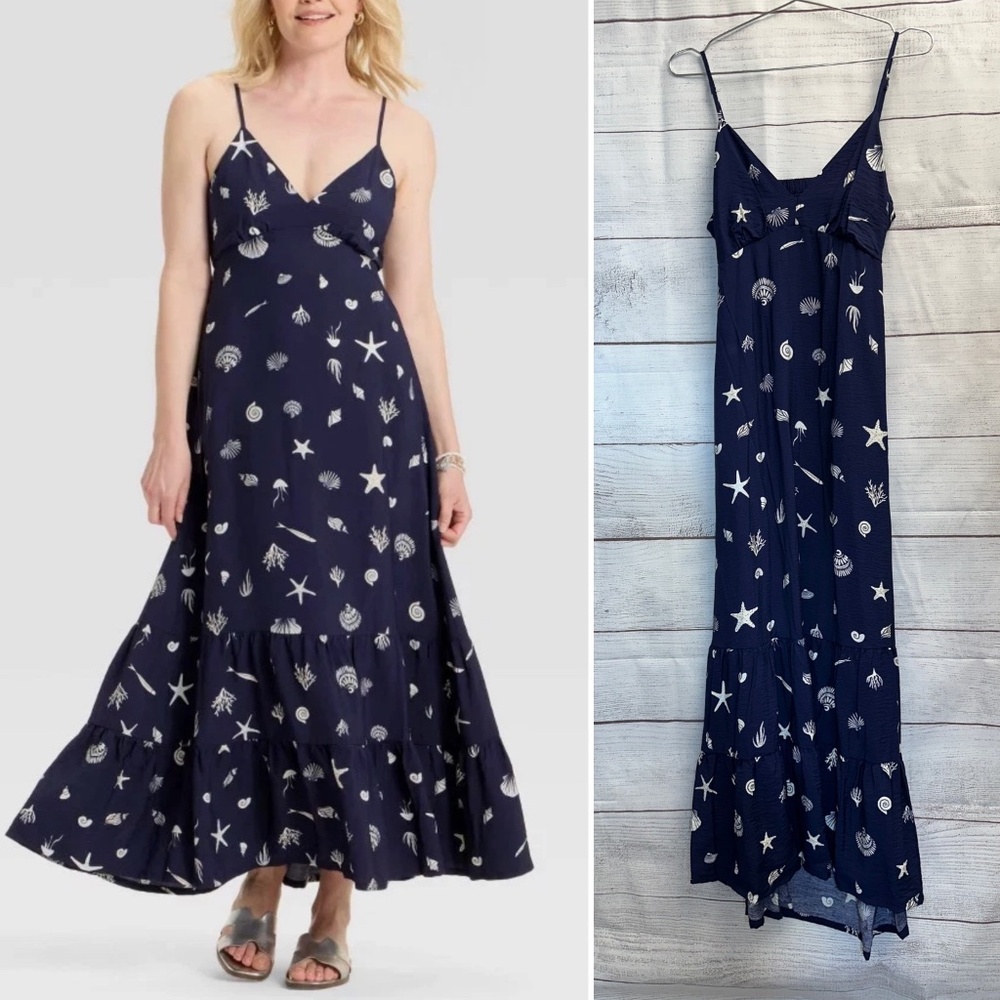 A New Day - Open Back Maxi Dress Medium Navy Blue Seashell Print Sundress - Picture 2 of 4